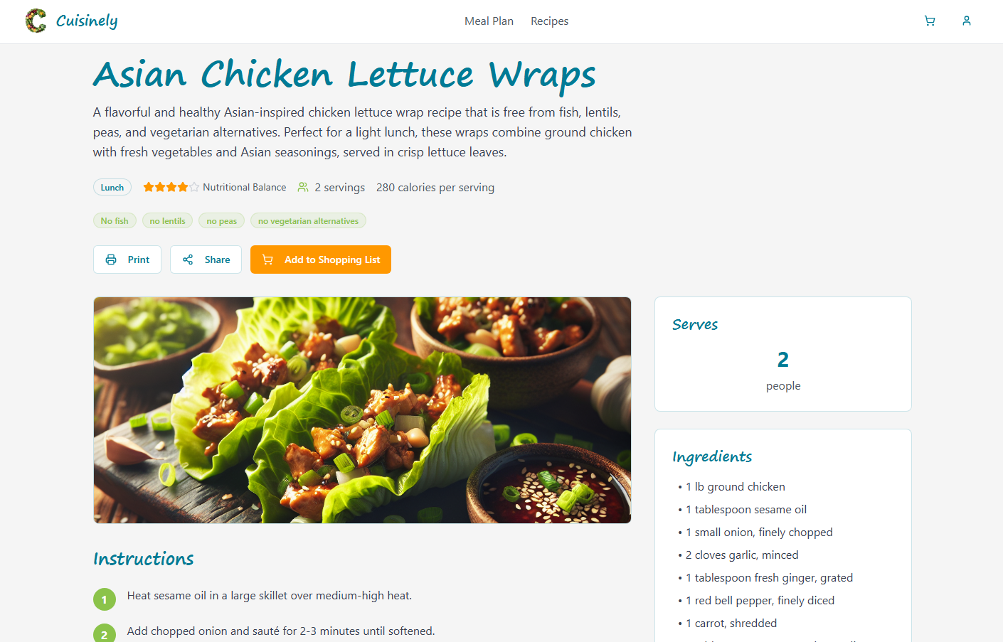 Cuisinely recipe detail page showing Asian Chicken Lettuce Wraps with ingredients and shopping list integration