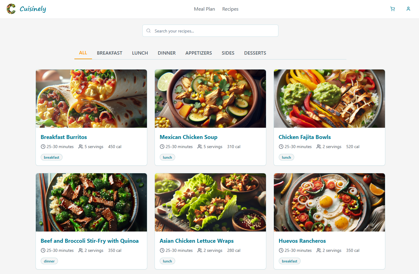 Cuisinely recipes page showing smart recipe discovery with categorized meal options